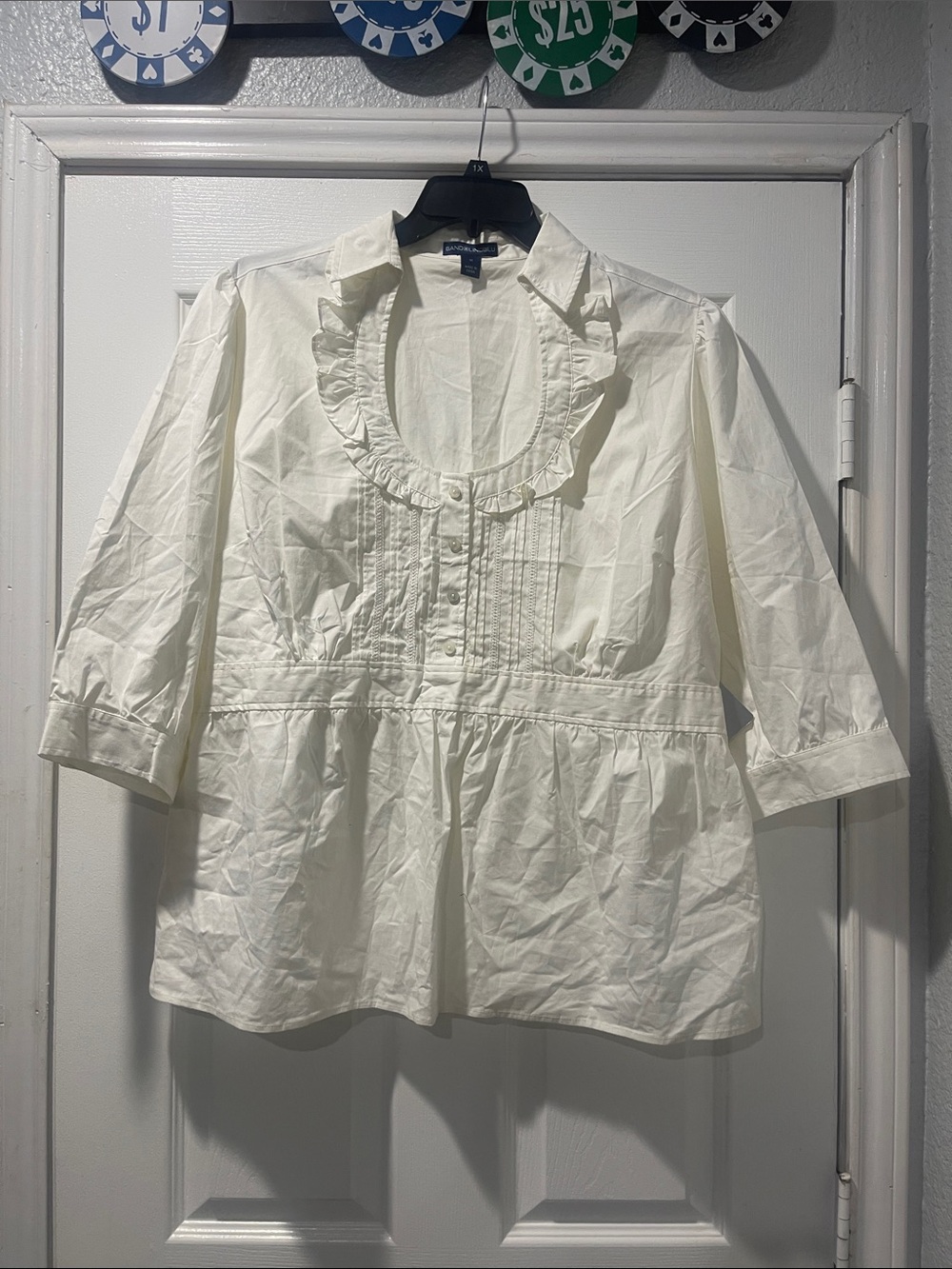 Bandolino Cream Ruffle Collar Pintuck Peplum Blouse